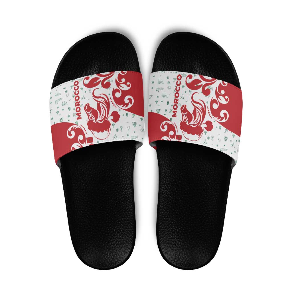 Morocco Christmas Slide Sandals with Red Horse Santa Hat Arabesque Pattern and Holiday Icons Design - Wonder Print Shop