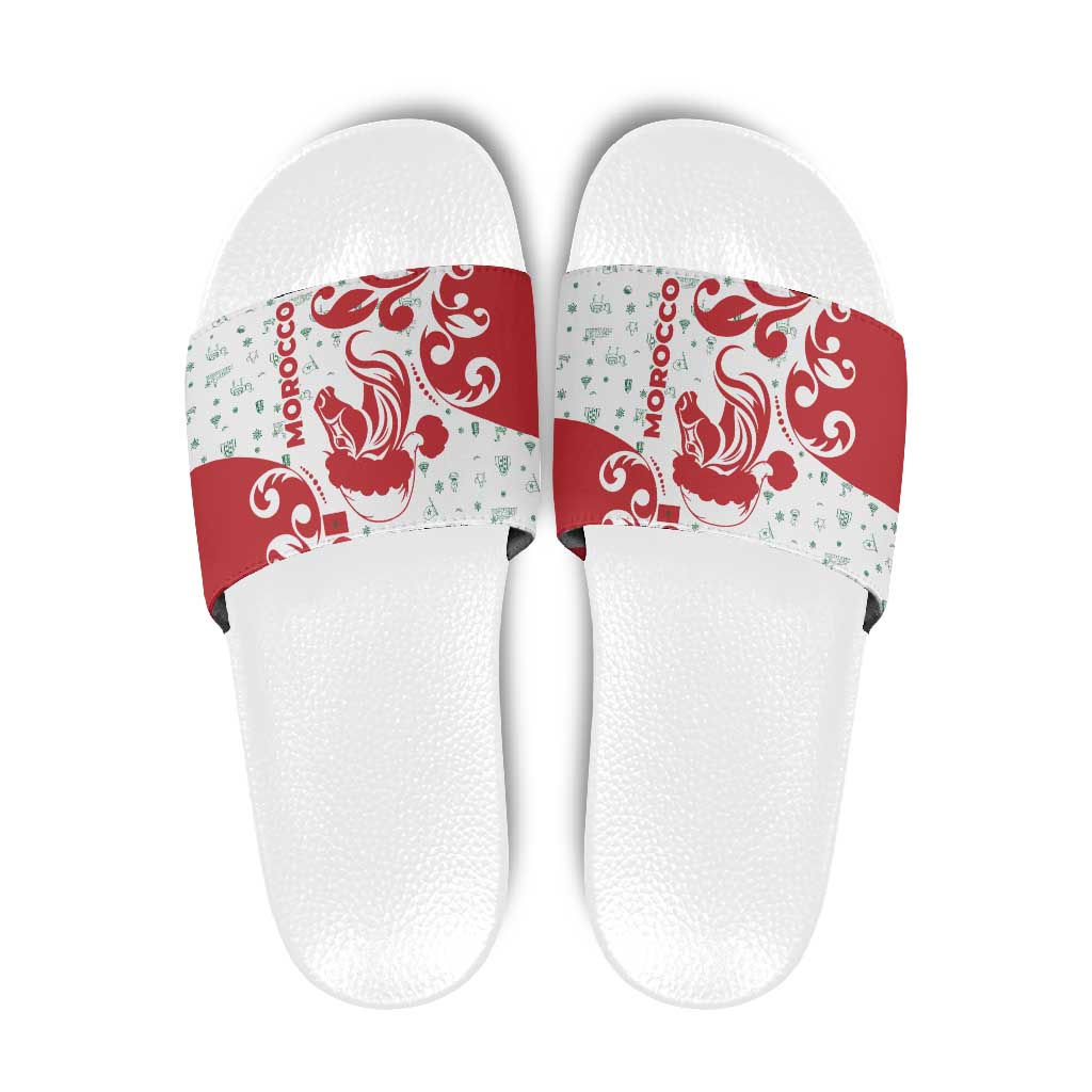 Morocco Christmas Slide Sandals with Red Horse Santa Hat Arabesque Pattern and Holiday Icons Design - Wonder Print Shop