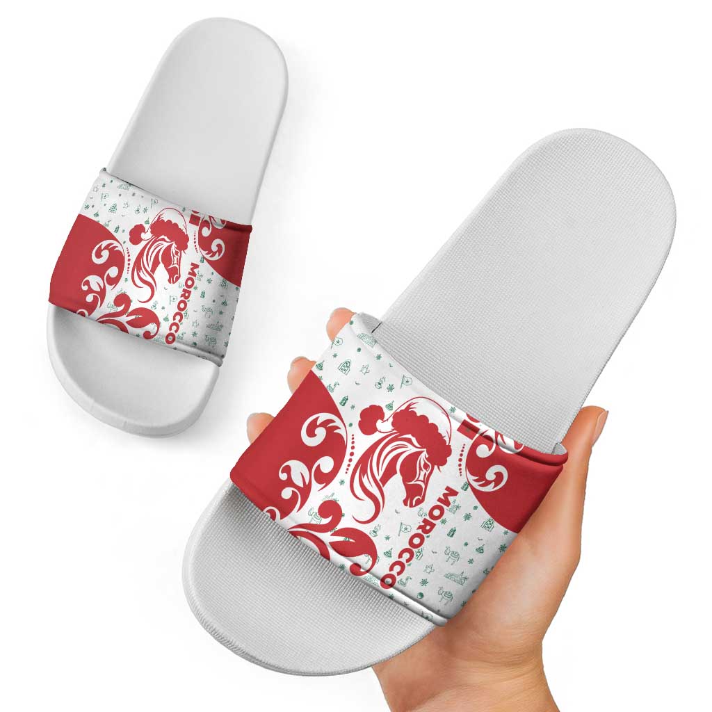 Morocco Christmas Slide Sandals with Red Horse Santa Hat Arabesque Pattern and Holiday Icons Design - Wonder Print Shop
