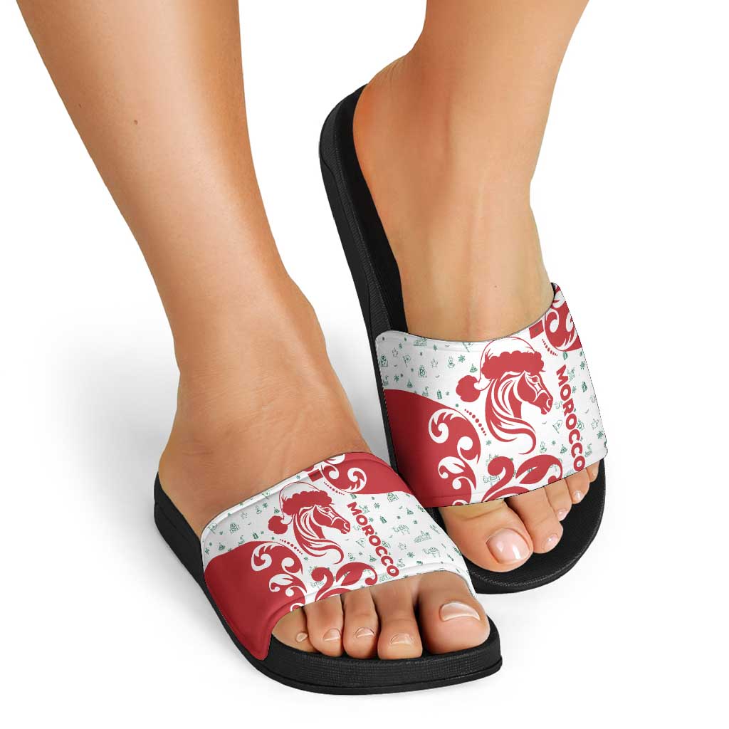 Morocco Christmas Slide Sandals with Red Horse Santa Hat Arabesque Pattern and Holiday Icons Design - Wonder Print Shop