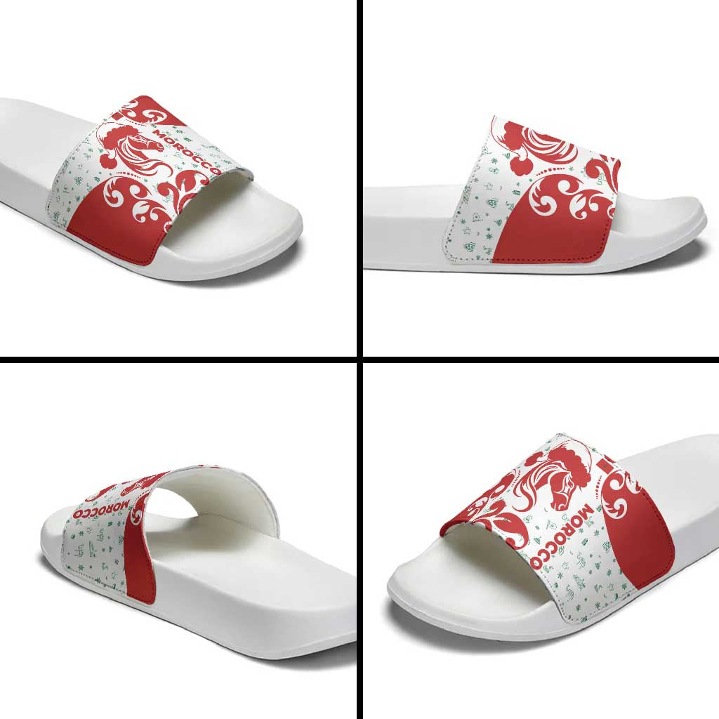 Morocco Christmas Slide Sandals with Red Horse Santa Hat Arabesque Pattern and Holiday Icons Design - Wonder Print Shop
