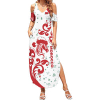 Morocco Christmas Summer Maxi Dress with Red Horse Santa Hat Arabesque Pattern and Holiday Icons Design - Wonder Print Shop
