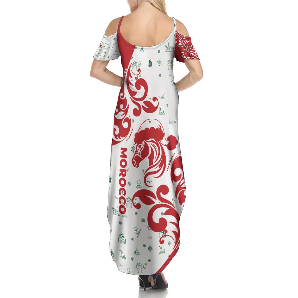 Morocco Christmas Summer Maxi Dress with Red Horse Santa Hat Arabesque Pattern and Holiday Icons Design - Wonder Print Shop