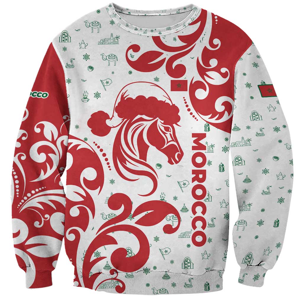 Morocco Christmas Sweatshirt with Red Horse Santa Hat Arabesque Pattern and Holiday Icons Design - Wonder Print Shop