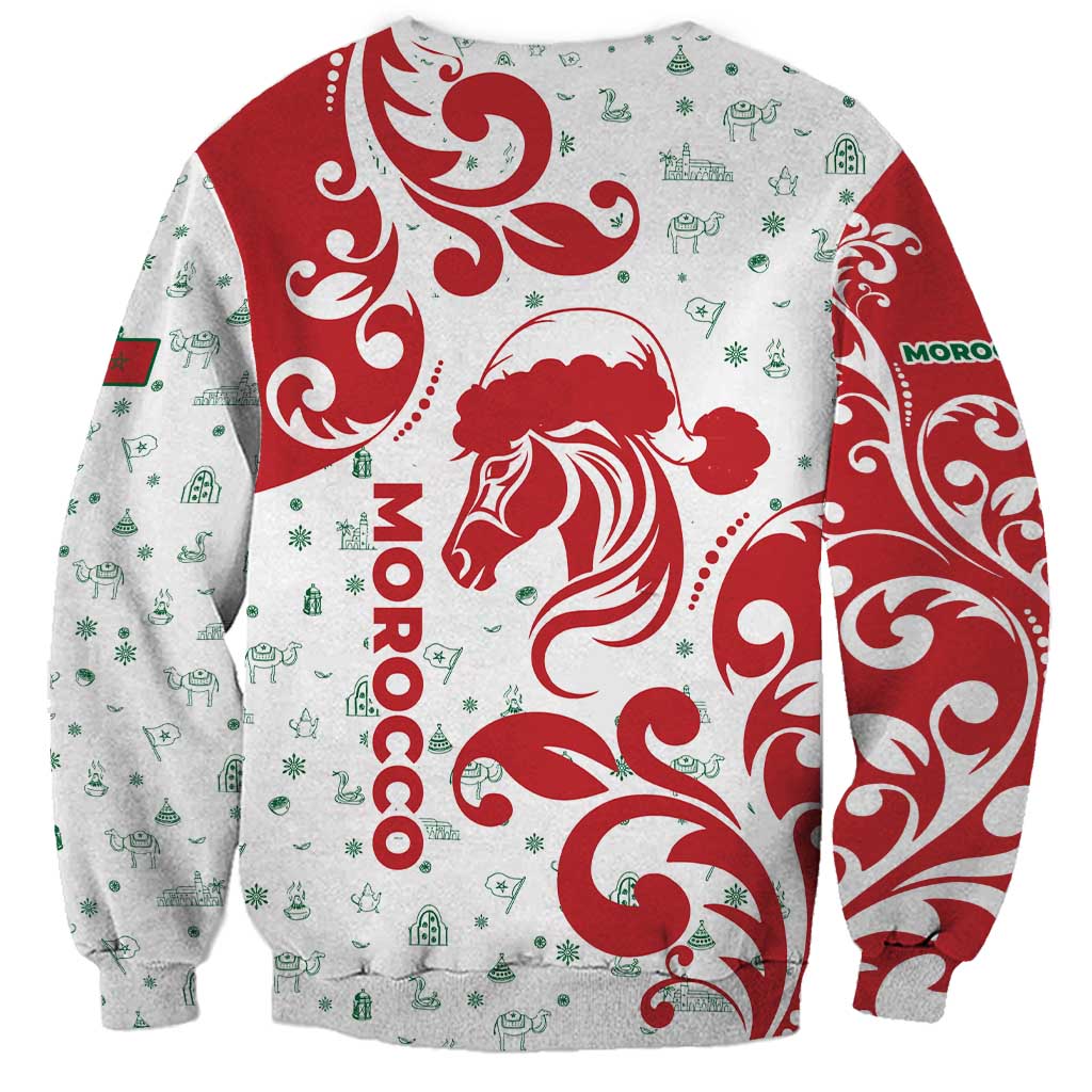 Morocco Christmas Sweatshirt with Red Horse Santa Hat Arabesque Pattern and Holiday Icons Design - Wonder Print Shop