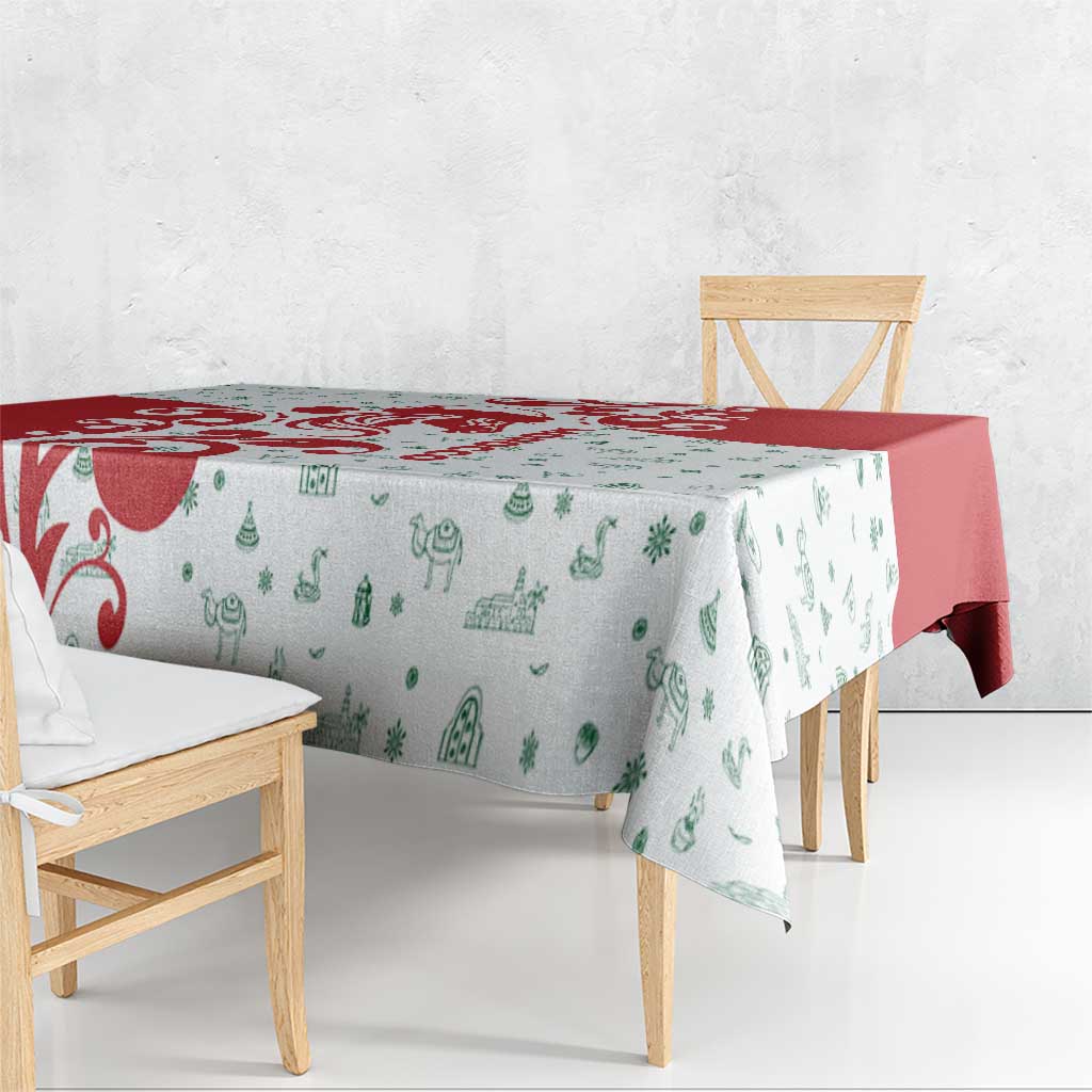 Morocco Christmas Tablecloth with Red Horse Santa Hat Arabesque Pattern and Holiday Icons Design - Wonder Print Shop