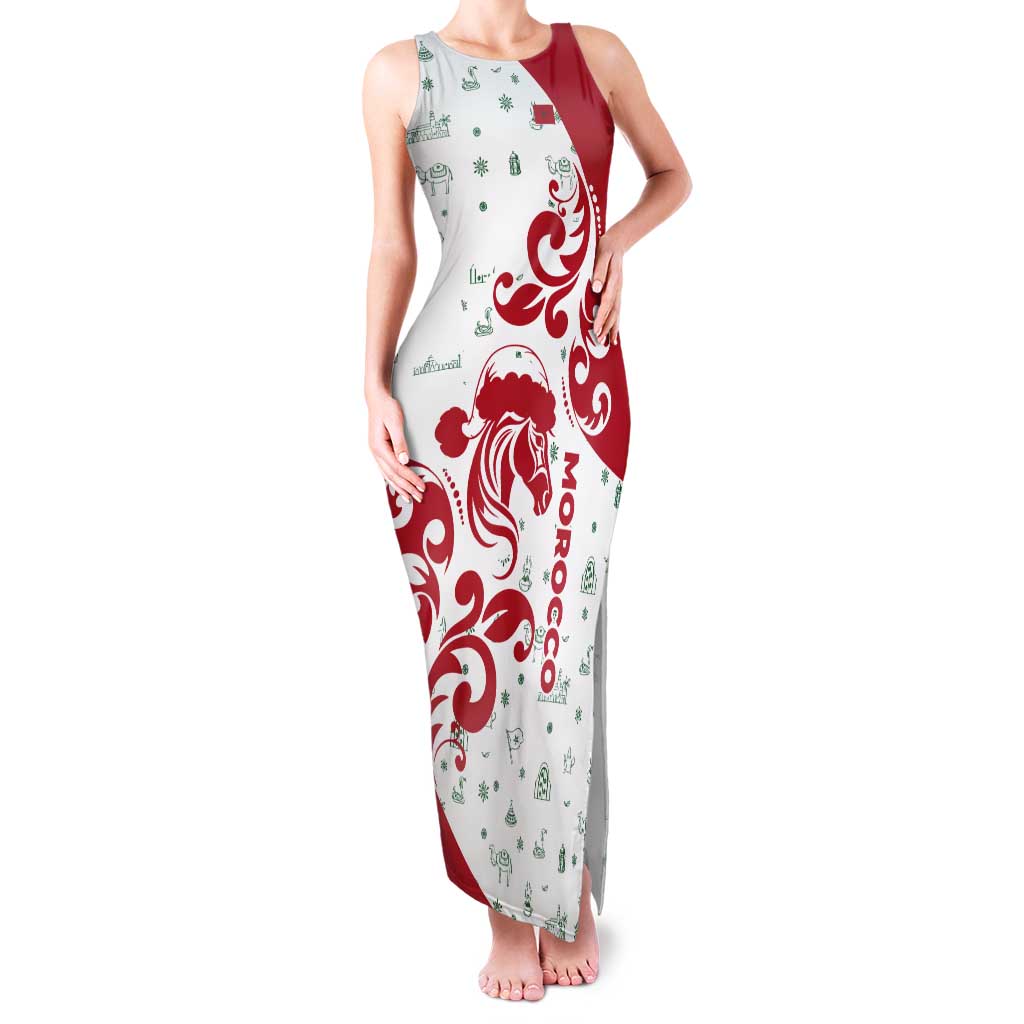Morocco Christmas Tank Maxi Dress with Red Horse Santa Hat Arabesque Pattern and Holiday Icons Design - Wonder Print Shop
