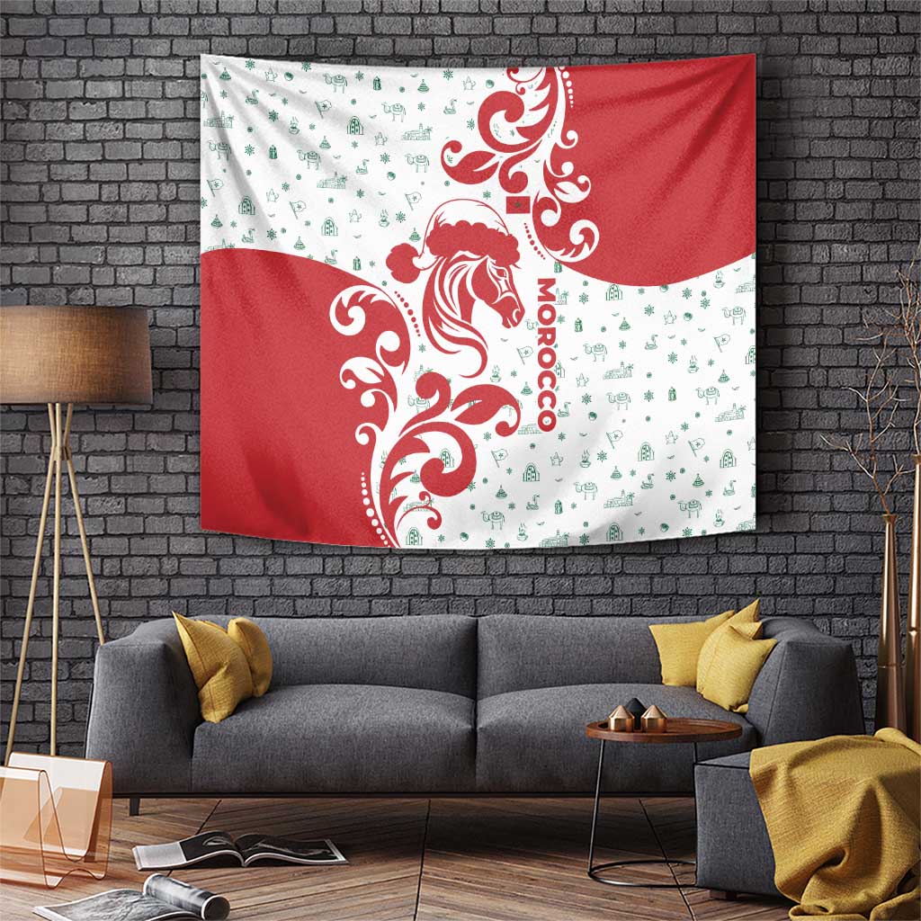 Morocco Christmas Tapestry with Red Horse Santa Hat Arabesque Pattern and Holiday Icons Design - Wonder Print Shop