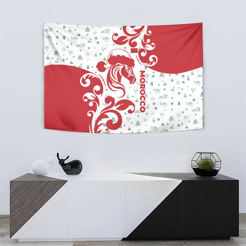 Morocco Christmas Tapestry with Red Horse Santa Hat Arabesque Pattern and Holiday Icons Design - Wonder Print Shop