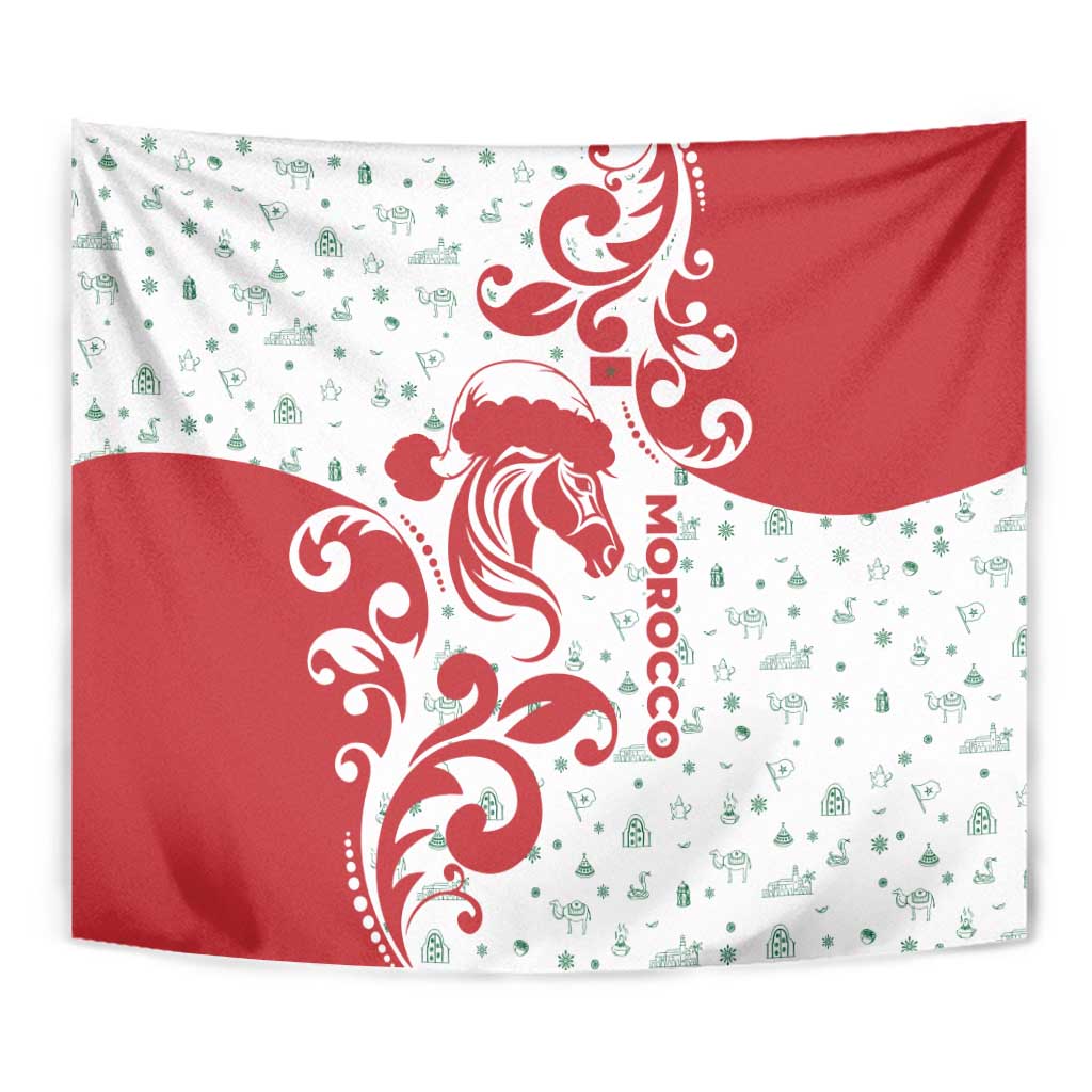 Morocco Christmas Tapestry with Red Horse Santa Hat Arabesque Pattern and Holiday Icons Design - Wonder Print Shop