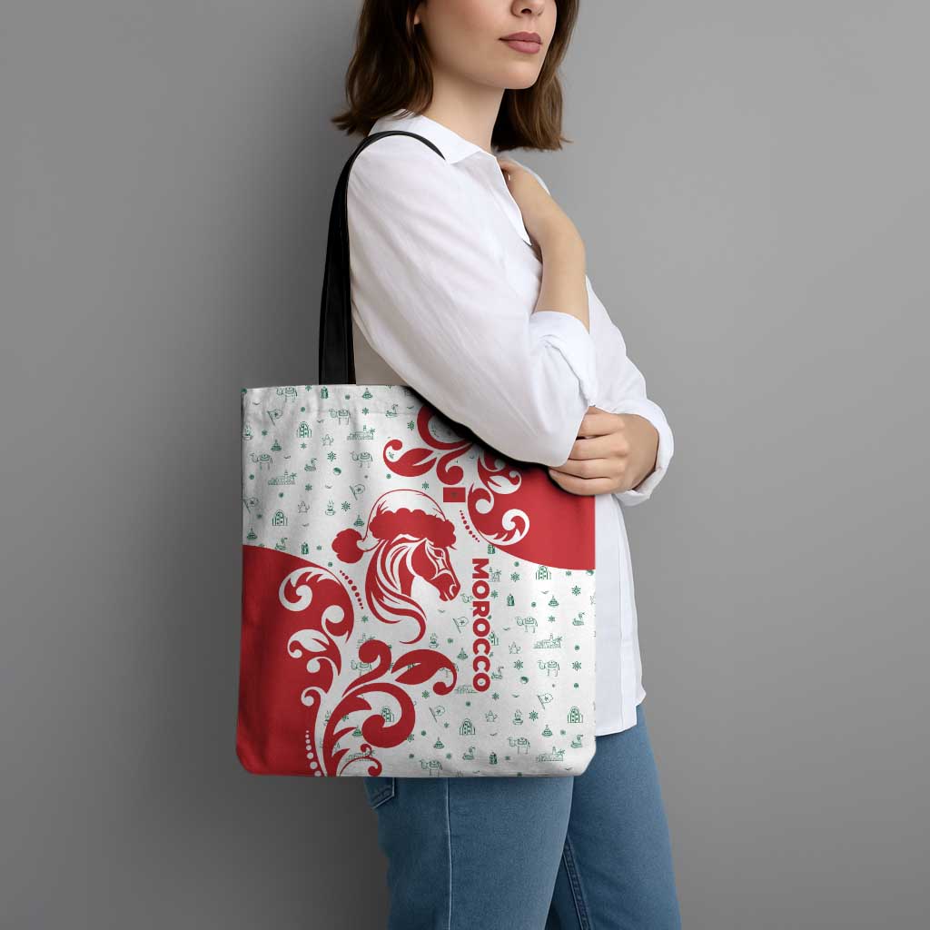 Morocco Christmas Tote Bag with Red Horse Santa Hat Arabesque Pattern and Holiday Icons Design - Wonder Print Shop