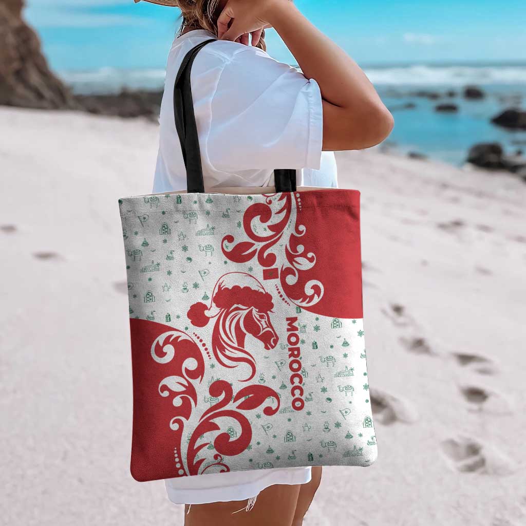 Morocco Christmas Tote Bag with Red Horse Santa Hat Arabesque Pattern and Holiday Icons Design - Wonder Print Shop