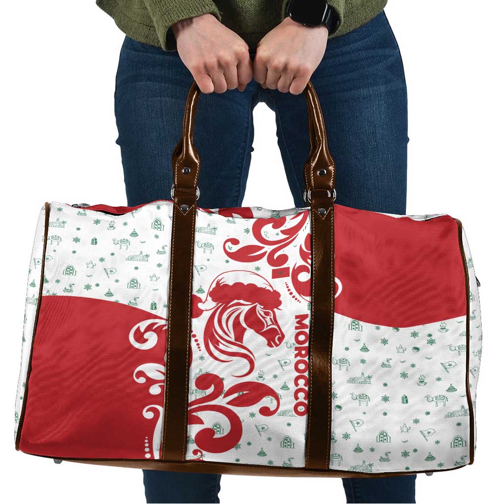 Morocco Christmas Travel Bag with Red Horse Santa Hat Arabesque Pattern and Holiday Icons Design - Wonder Print Shop