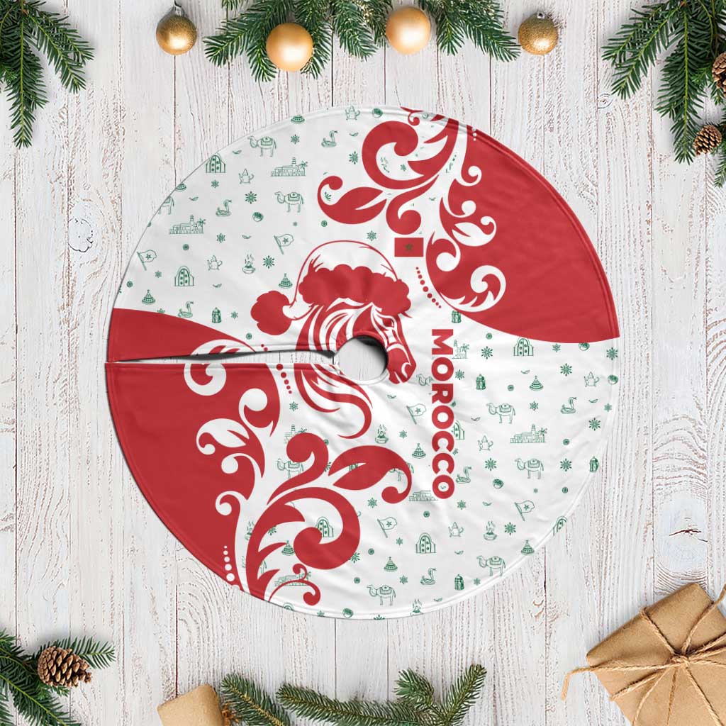 Morocco Christmas Tree Skirt with Red Horse Santa Hat Arabesque Pattern and Holiday Icons Design - Wonder Print Shop