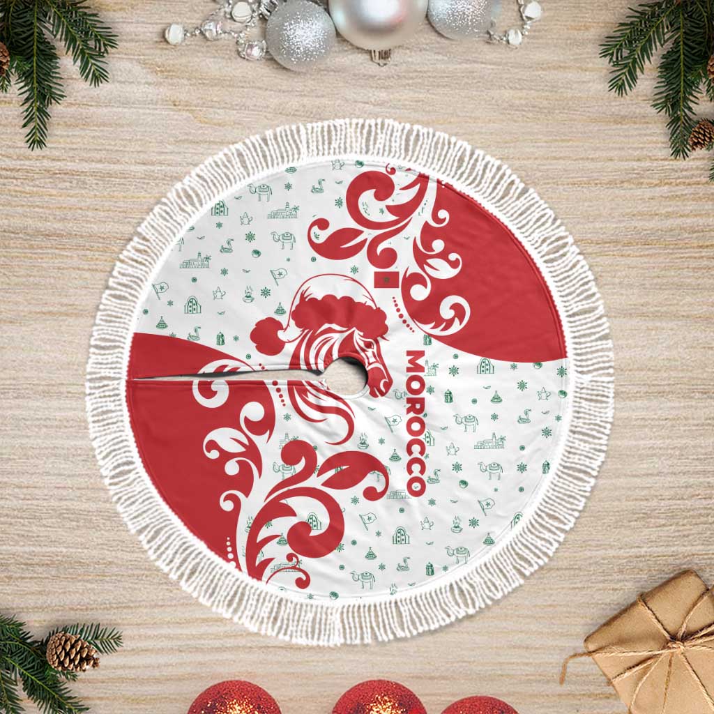Morocco Christmas Tree Skirt with Red Horse Santa Hat Arabesque Pattern and Holiday Icons Design - Wonder Print Shop