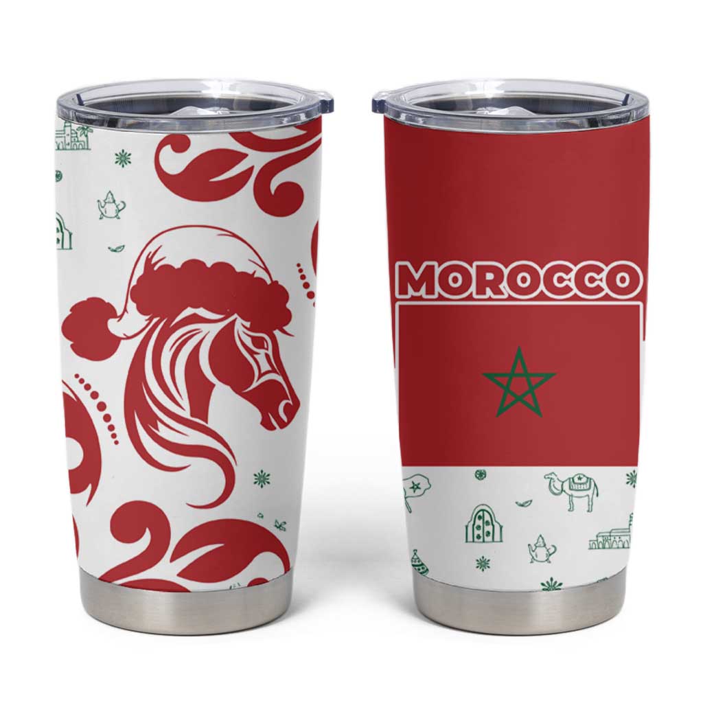 Morocco Christmas Tumbler Cup with Red Horse Santa Hat Arabesque Pattern and Holiday Icons Design - Wonder Print Shop