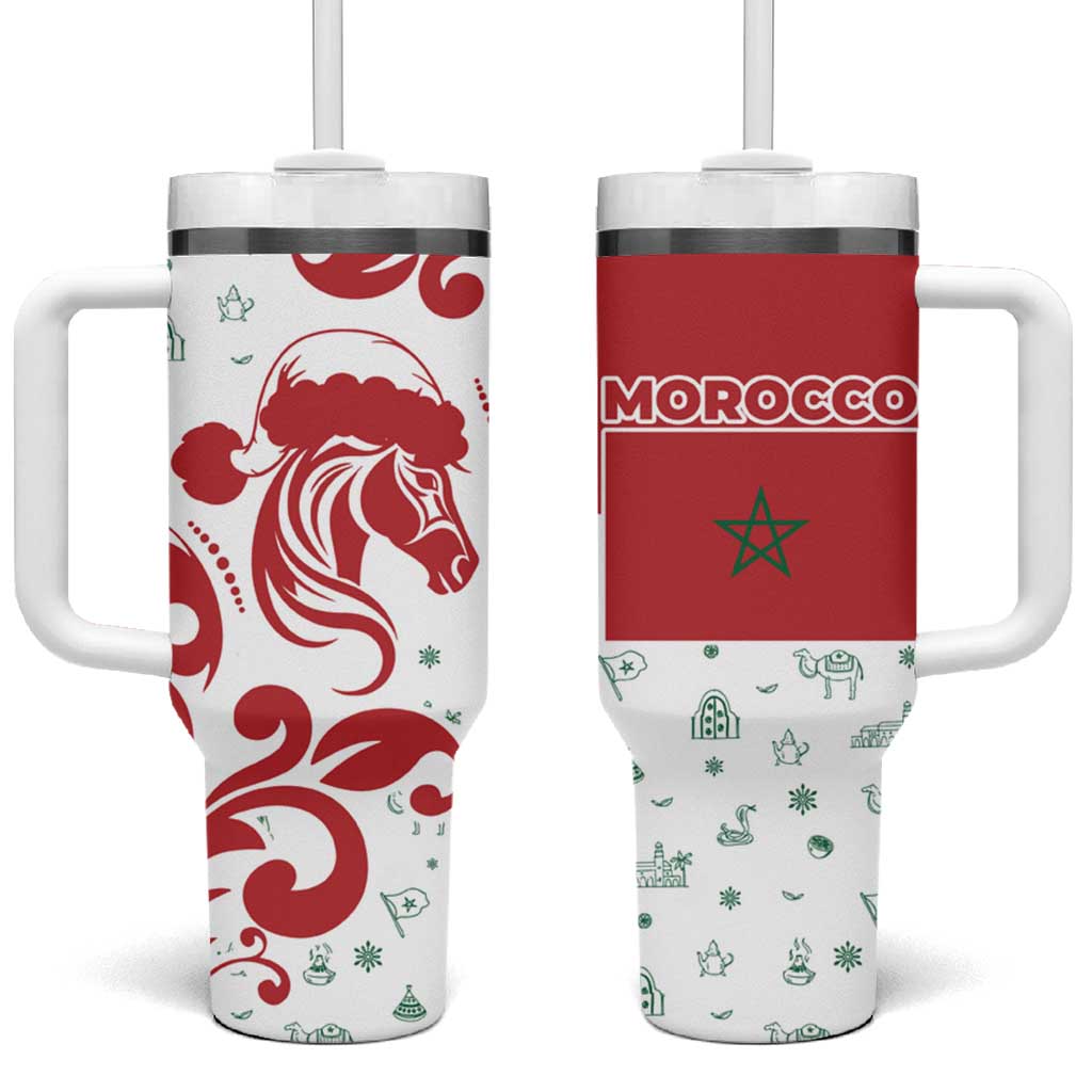 Morocco Christmas Tumbler With Handle with Red Horse Santa Hat Arabesque Pattern and Holiday Icons Design - Wonder Print Shop