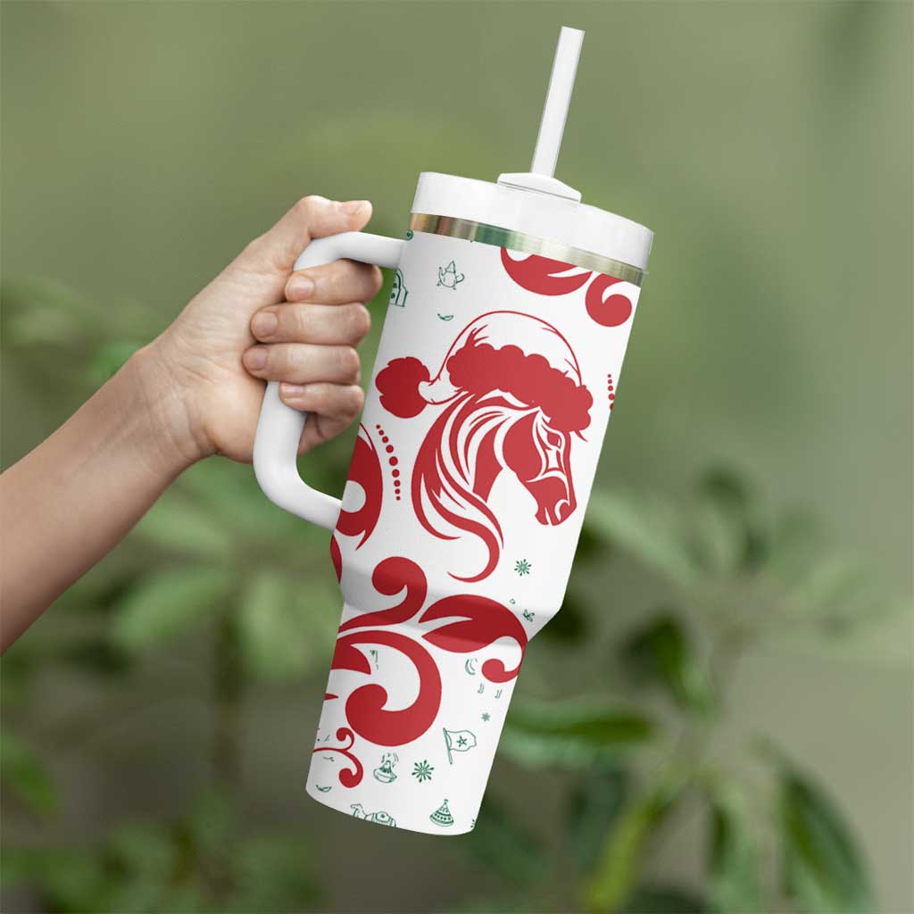 Morocco Christmas Tumbler With Handle with Red Horse Santa Hat Arabesque Pattern and Holiday Icons Design - Wonder Print Shop