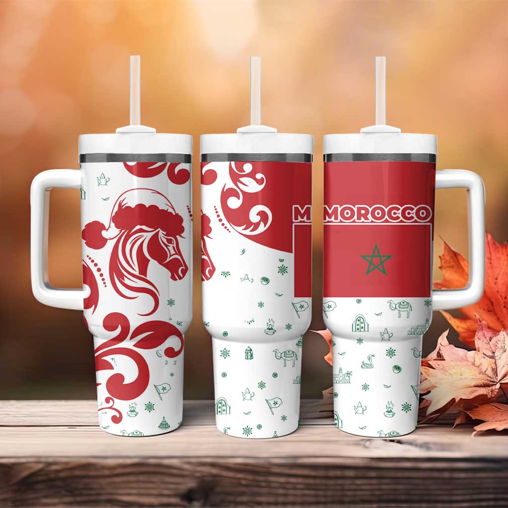 Morocco Christmas Tumbler With Handle with Red Horse Santa Hat Arabesque Pattern and Holiday Icons Design - Wonder Print Shop