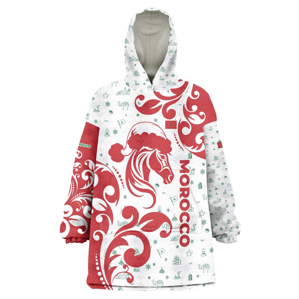 Morocco Christmas Wearable Blanket Hoodie with Red Horse Santa Hat Arabesque Pattern and Holiday Icons Design - Wonder Print Shop