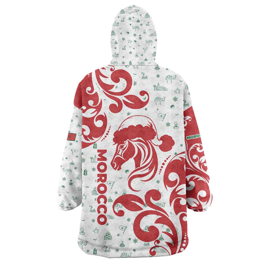 Morocco Christmas Wearable Blanket Hoodie with Red Horse Santa Hat Arabesque Pattern and Holiday Icons Design - Wonder Print Shop