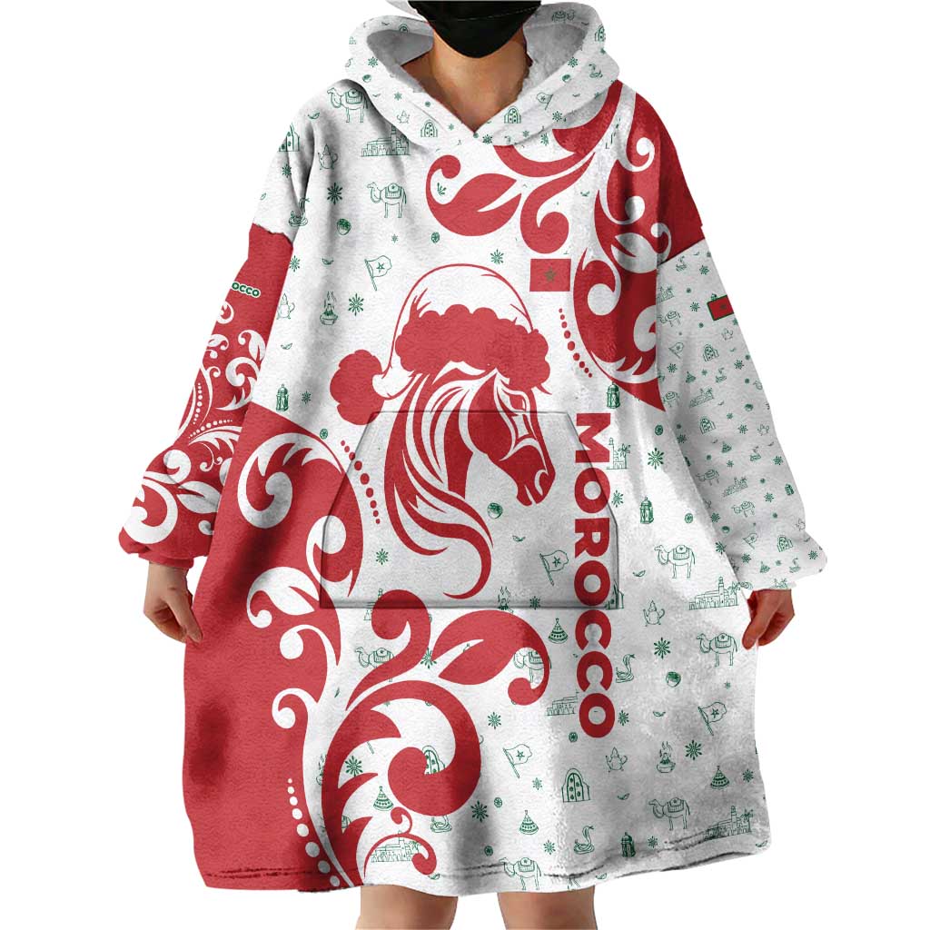 Morocco Christmas Wearable Blanket Hoodie with Red Horse Santa Hat Arabesque Pattern and Holiday Icons Design - Wonder Print Shop