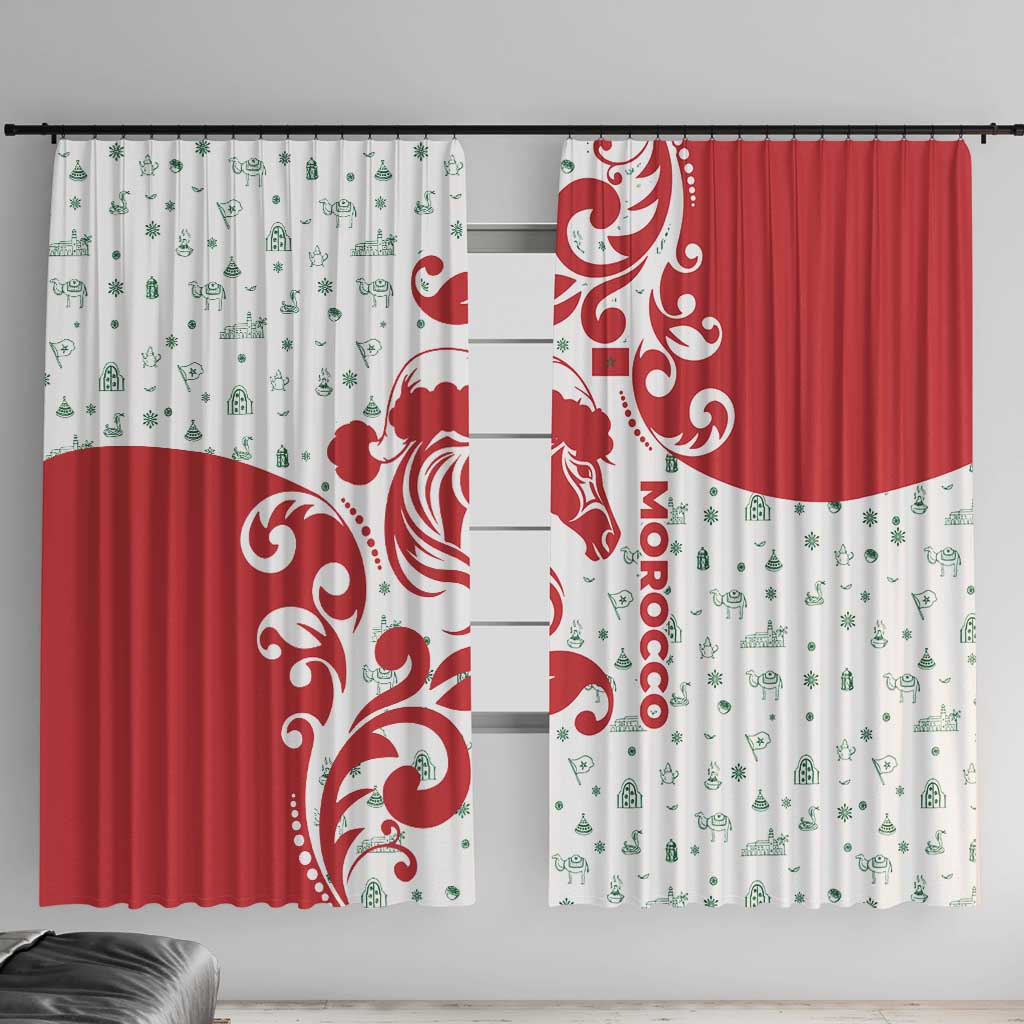 Morocco Christmas Window Curtain with Red Horse Santa Hat Arabesque Pattern and Holiday Icons Design - Wonder Print Shop