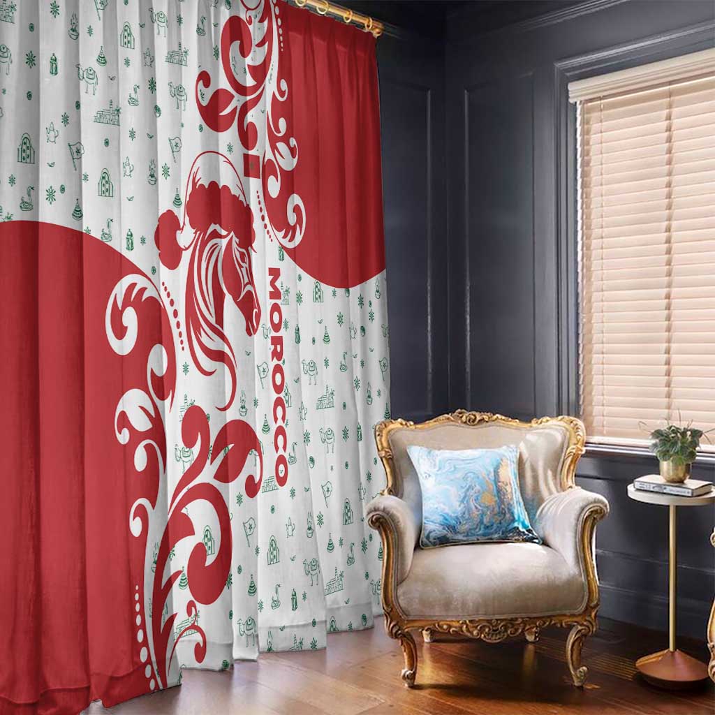 Morocco Christmas Window Curtain with Red Horse Santa Hat Arabesque Pattern and Holiday Icons Design - Wonder Print Shop