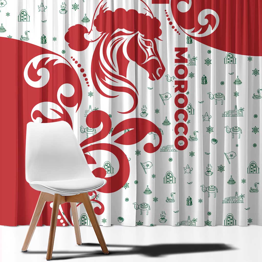 Morocco Christmas Window Curtain with Red Horse Santa Hat Arabesque Pattern and Holiday Icons Design - Wonder Print Shop