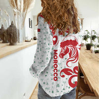 Morocco Christmas Women Casual Shirt with Red Horse Santa Hat Arabesque Pattern and Holiday Icons Design - Wonder Print Shop