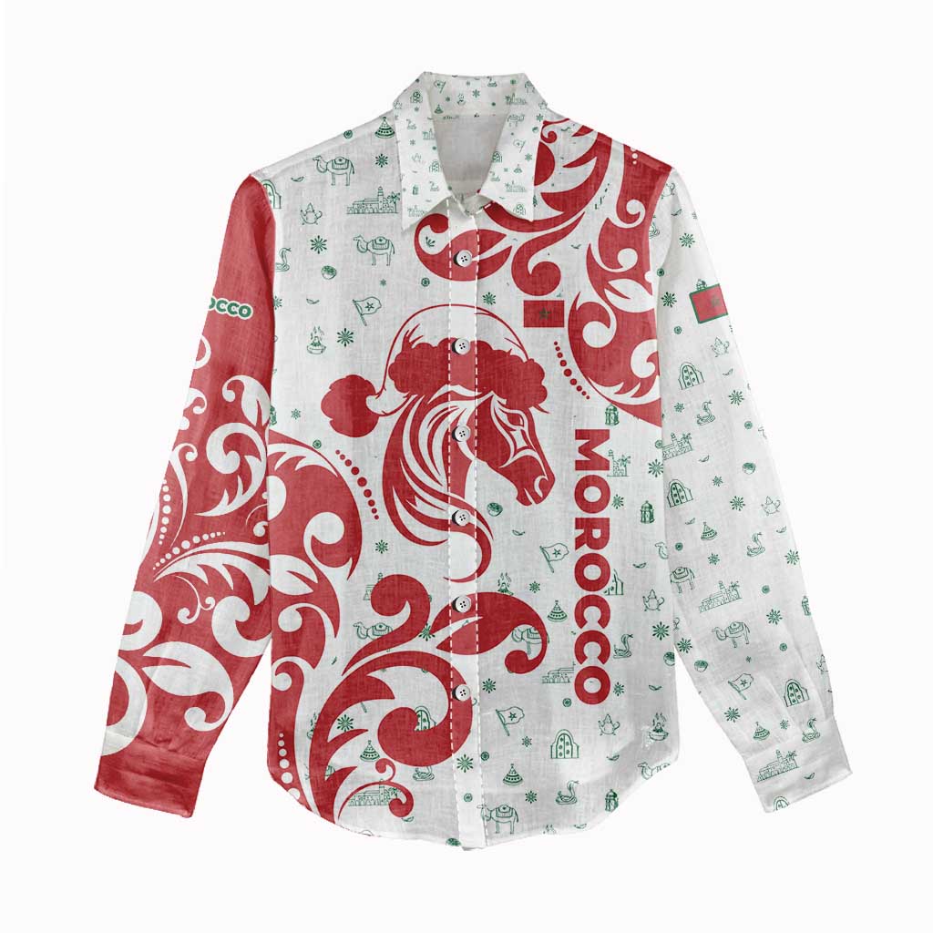 Morocco Christmas Women Casual Shirt with Red Horse Santa Hat Arabesque Pattern and Holiday Icons Design - Wonder Print Shop