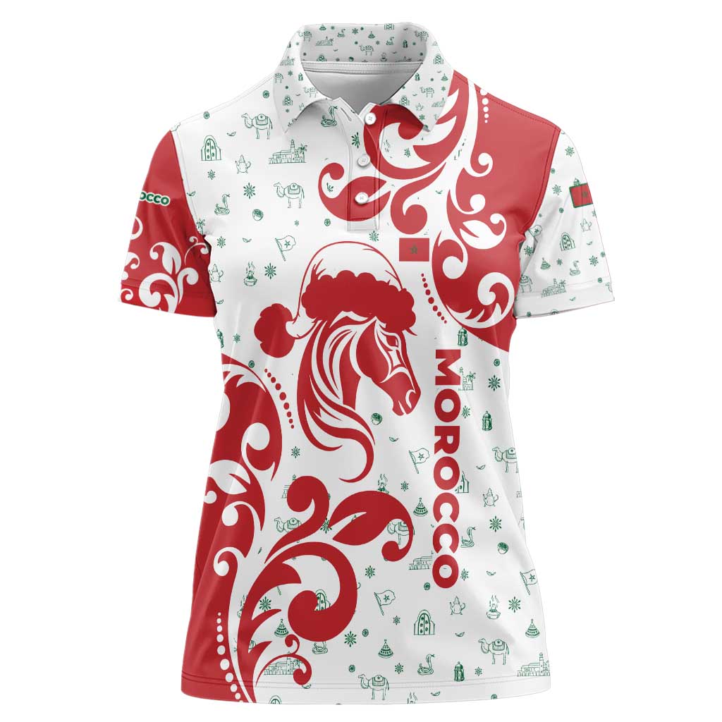 Morocco Christmas Women Polo Shirt with Red Horse Santa Hat Arabesque Pattern and Holiday Icons Design - Wonder Print Shop