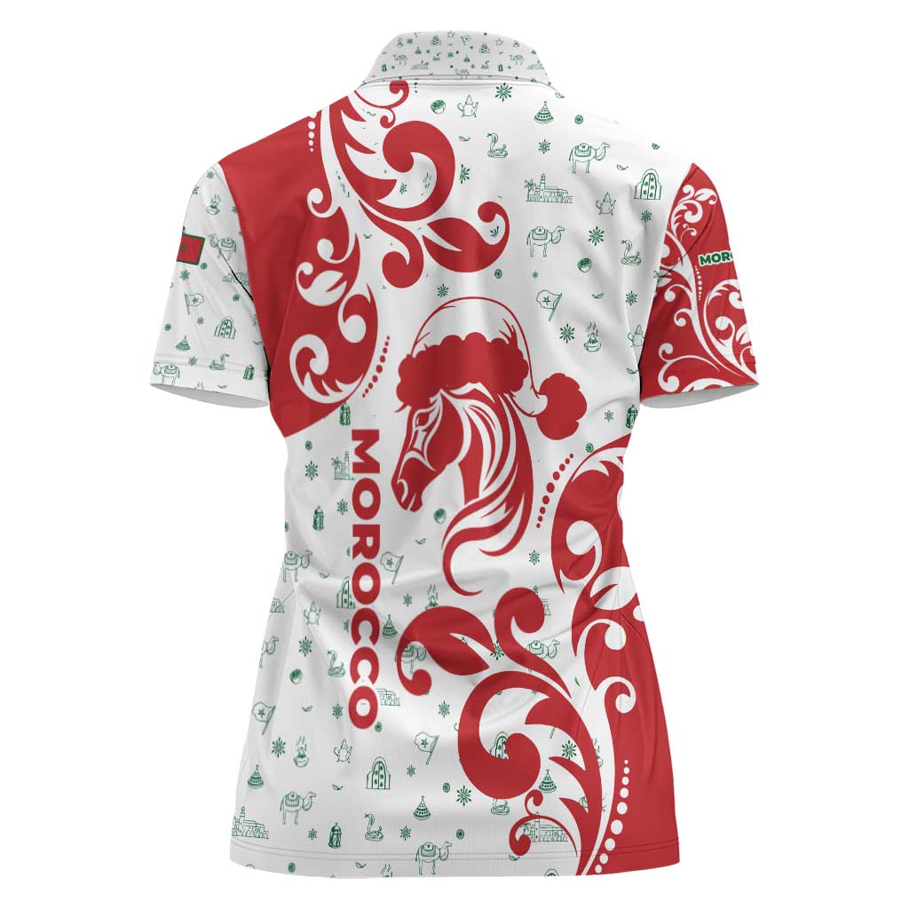 Morocco Christmas Women Polo Shirt with Red Horse Santa Hat Arabesque Pattern and Holiday Icons Design - Wonder Print Shop