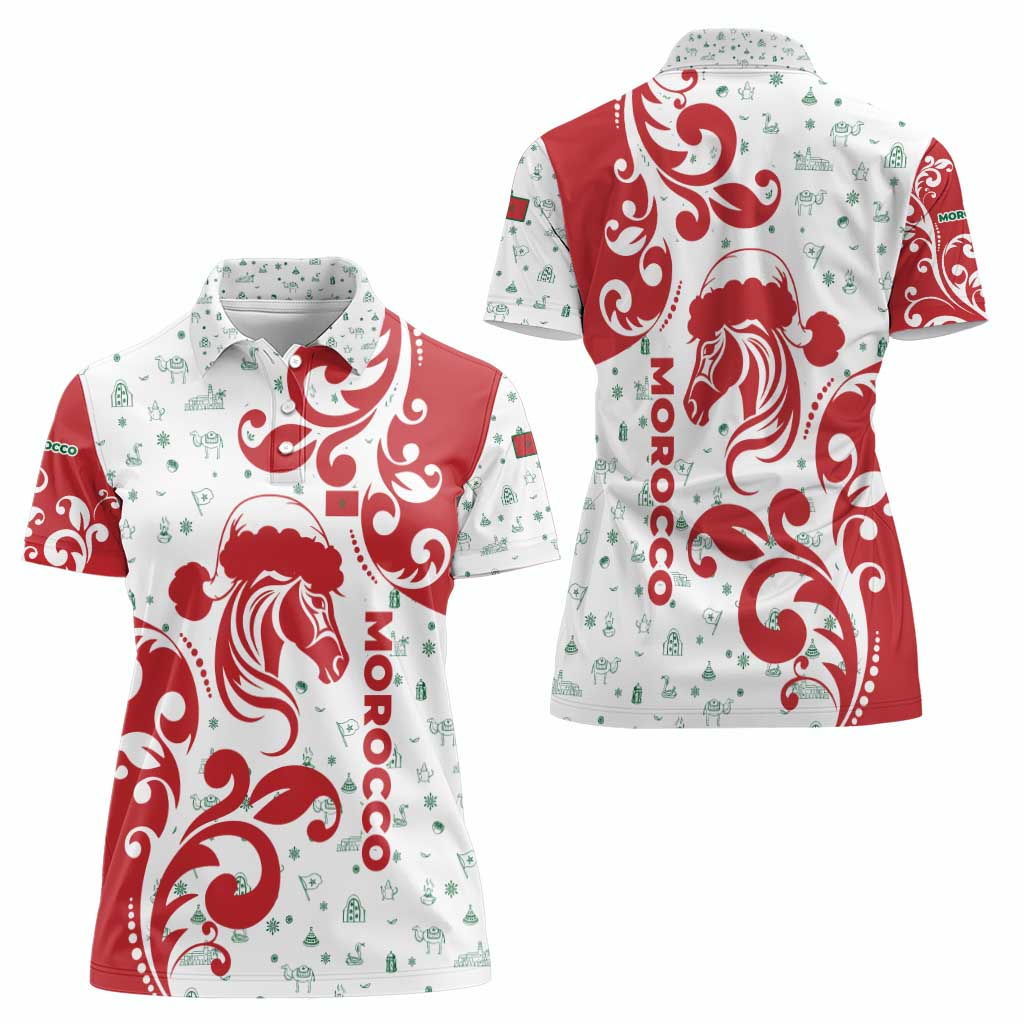 Morocco Christmas Women Polo Shirt with Red Horse Santa Hat Arabesque Pattern and Holiday Icons Design - Wonder Print Shop