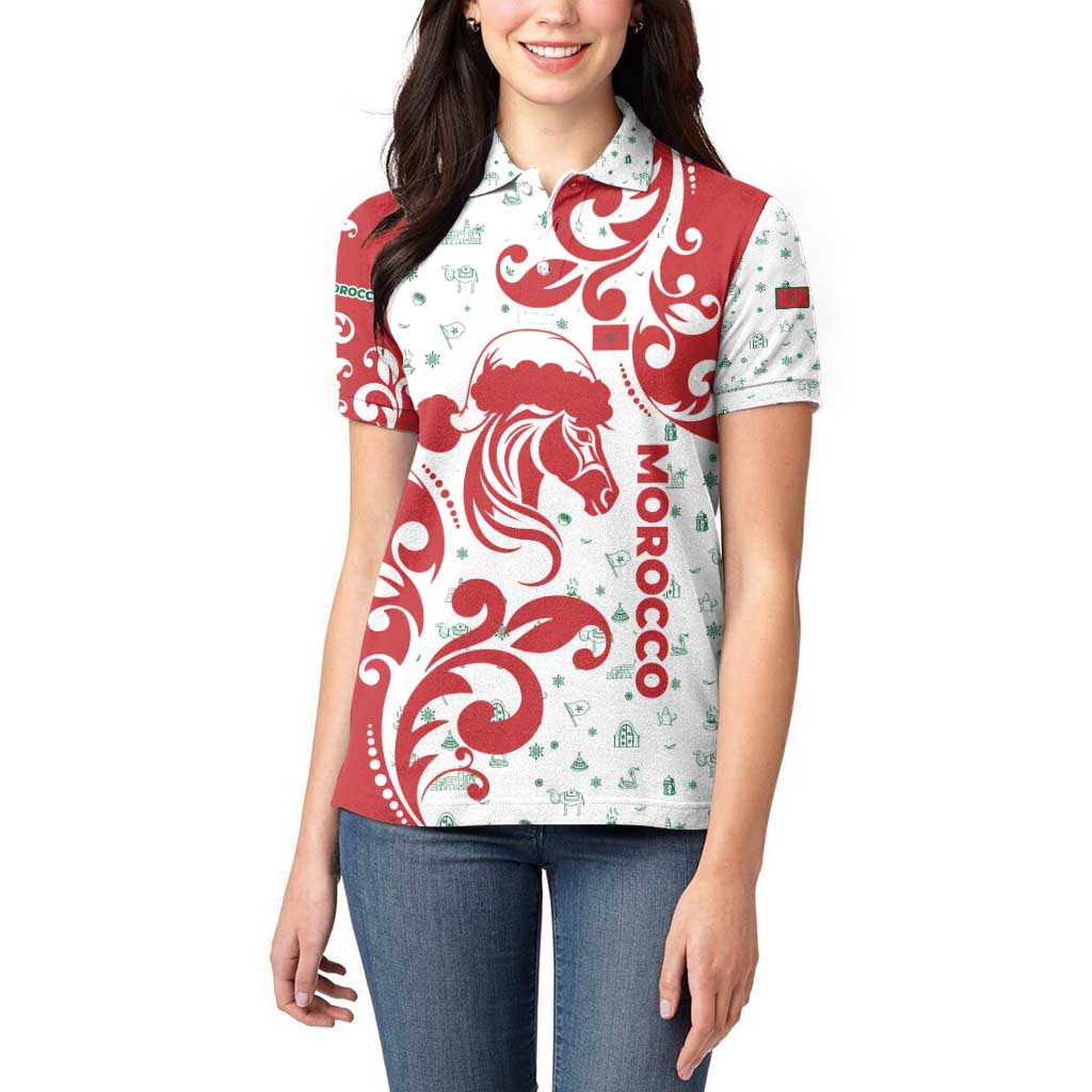 Morocco Christmas Women Polo Shirt with Red Horse Santa Hat Arabesque Pattern and Holiday Icons Design - Wonder Print Shop