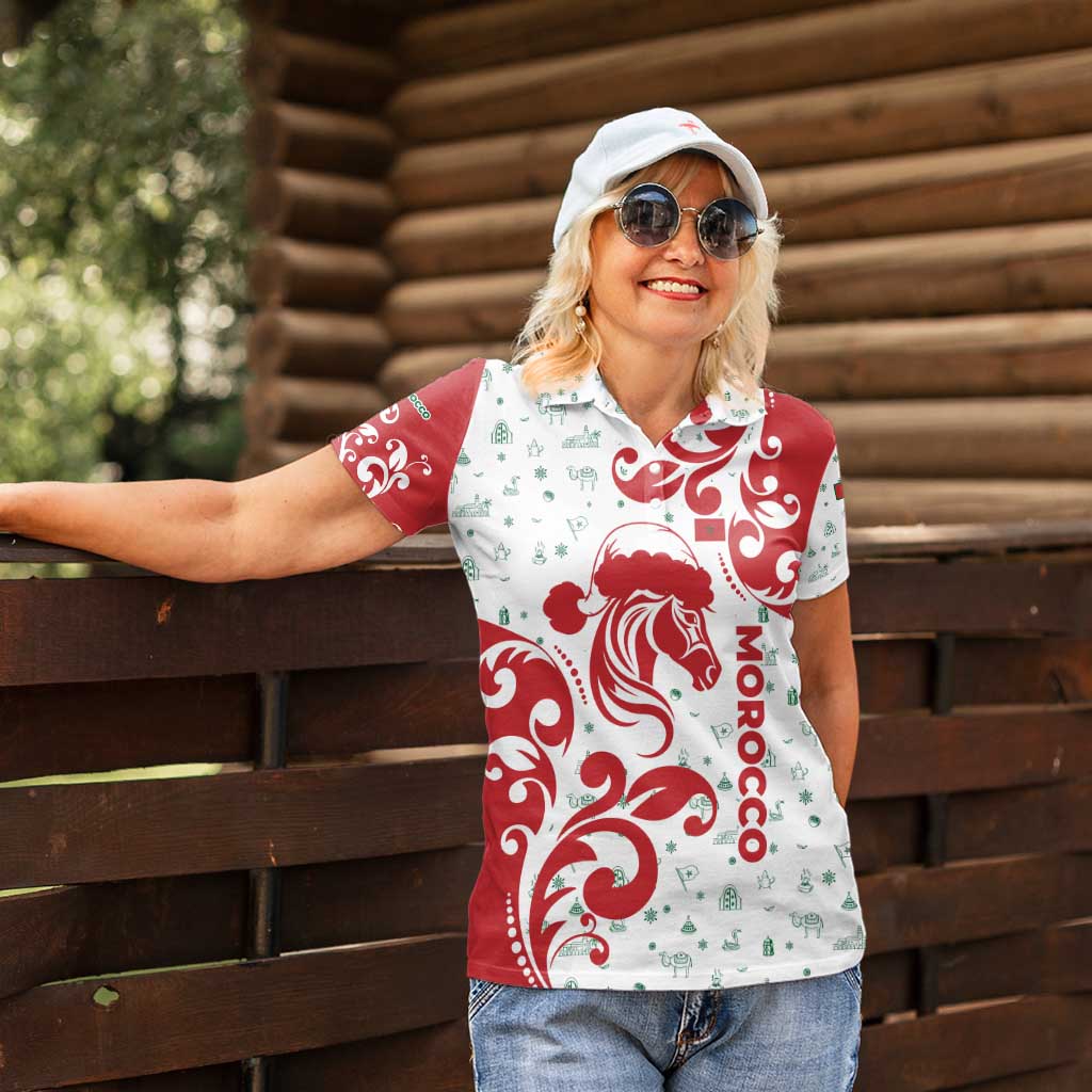 Morocco Christmas Women Polo Shirt with Red Horse Santa Hat Arabesque Pattern and Holiday Icons Design - Wonder Print Shop