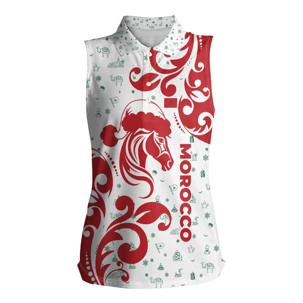 Morocco Christmas Women Sleeveless Polo Shirt with Red Horse Santa Hat Arabesque Pattern and Holiday Icons Design - Wonder Print Shop