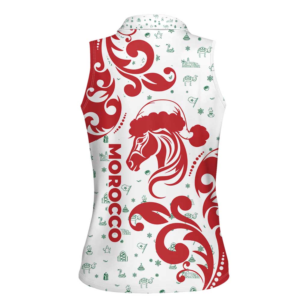 Morocco Christmas Women Sleeveless Polo Shirt with Red Horse Santa Hat Arabesque Pattern and Holiday Icons Design - Wonder Print Shop