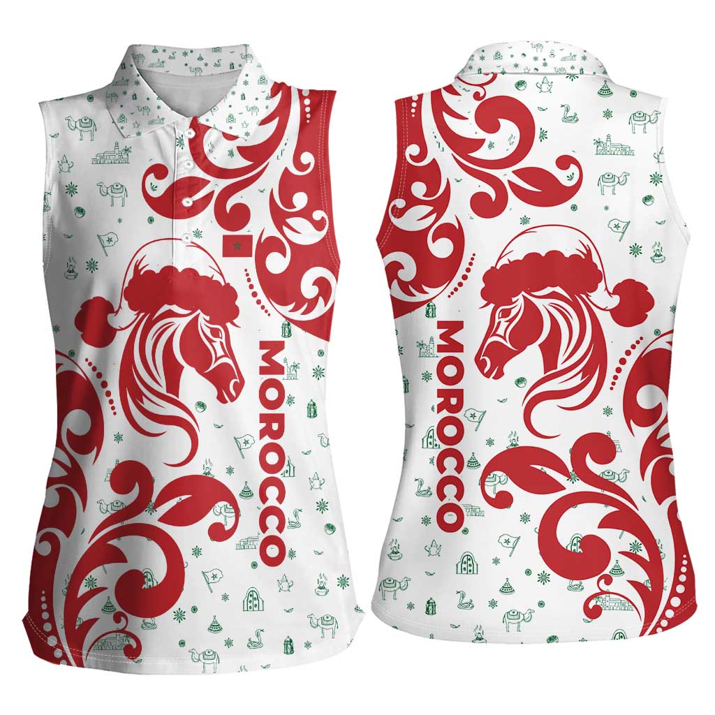 Morocco Christmas Women Sleeveless Polo Shirt with Red Horse Santa Hat Arabesque Pattern and Holiday Icons Design - Wonder Print Shop