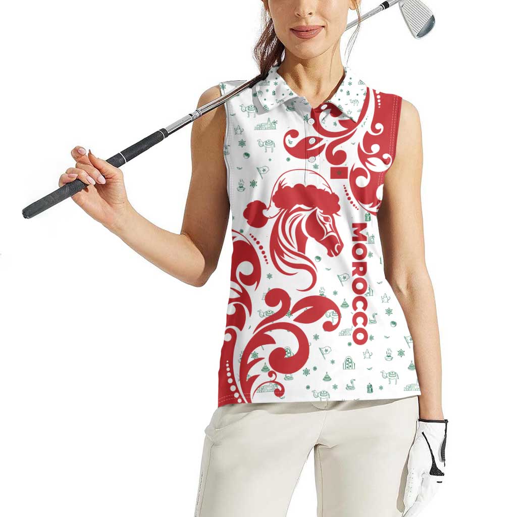 Morocco Christmas Women Sleeveless Polo Shirt with Red Horse Santa Hat Arabesque Pattern and Holiday Icons Design - Wonder Print Shop