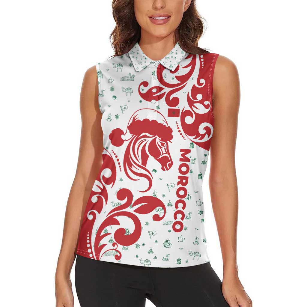 Morocco Christmas Women Sleeveless Polo Shirt with Red Horse Santa Hat Arabesque Pattern and Holiday Icons Design - Wonder Print Shop