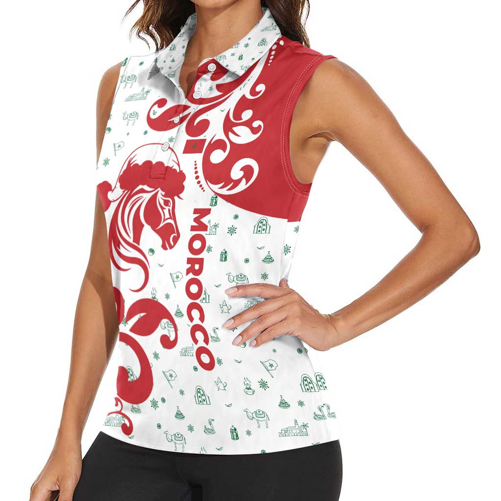 Morocco Christmas Women Sleeveless Polo Shirt with Red Horse Santa Hat Arabesque Pattern and Holiday Icons Design - Wonder Print Shop