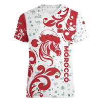 Morocco Christmas Women V-Neck T-Shirt with Red Horse Santa Hat Arabesque Pattern and Holiday Icons Design - Wonder Print Shop