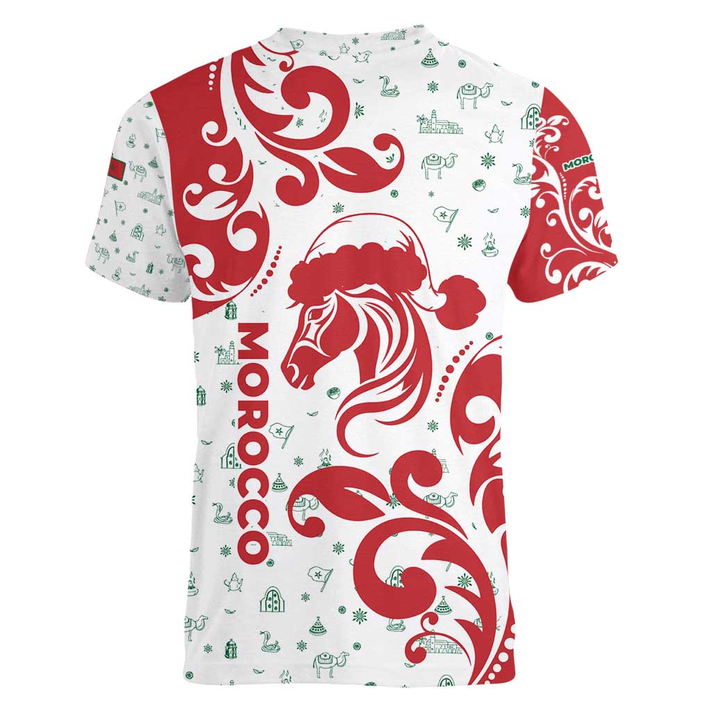 Morocco Christmas Women V-Neck T-Shirt with Red Horse Santa Hat Arabesque Pattern and Holiday Icons Design - Wonder Print Shop