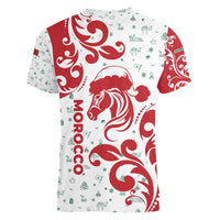 Morocco Christmas Women V-Neck T-Shirt with Red Horse Santa Hat Arabesque Pattern and Holiday Icons Design - Wonder Print Shop