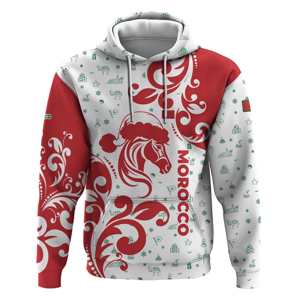 Morocco Christmas Zip Hoodie with Red Horse Santa Hat Arabesque Pattern and Holiday Icons Design - Wonder Print Shop