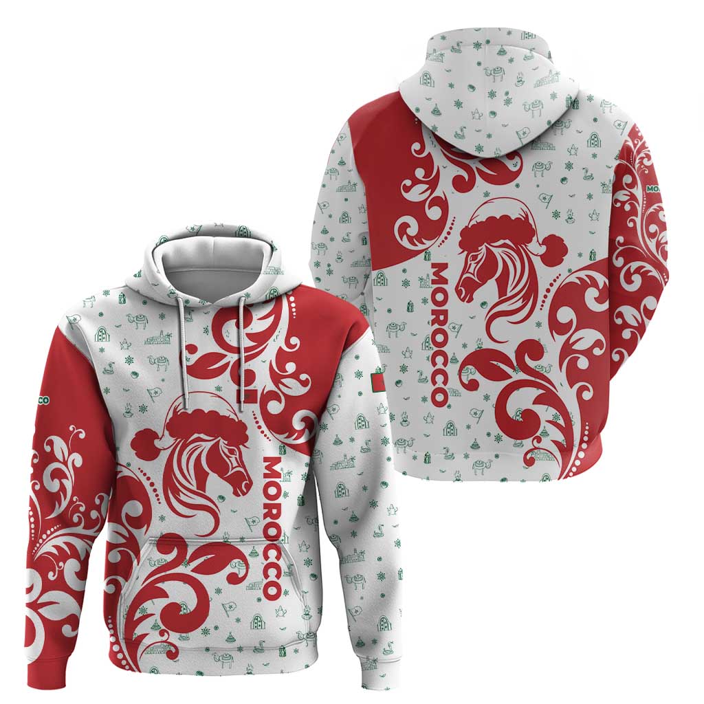 Morocco Christmas Zip Hoodie with Red Horse Santa Hat Arabesque Pattern and Holiday Icons Design - Wonder Print Shop