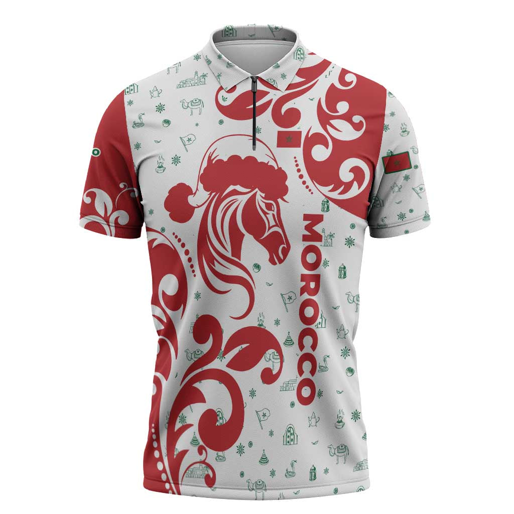 Morocco Christmas Zipper Polo Shirt with Red Horse Santa Hat Arabesque Pattern and Holiday Icons Design - Wonder Print Shop