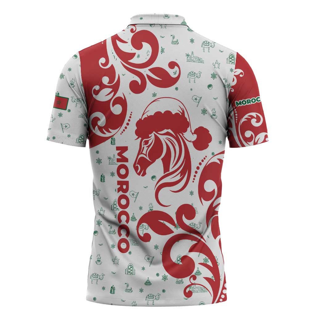 Morocco Christmas Zipper Polo Shirt with Red Horse Santa Hat Arabesque Pattern and Holiday Icons Design - Wonder Print Shop