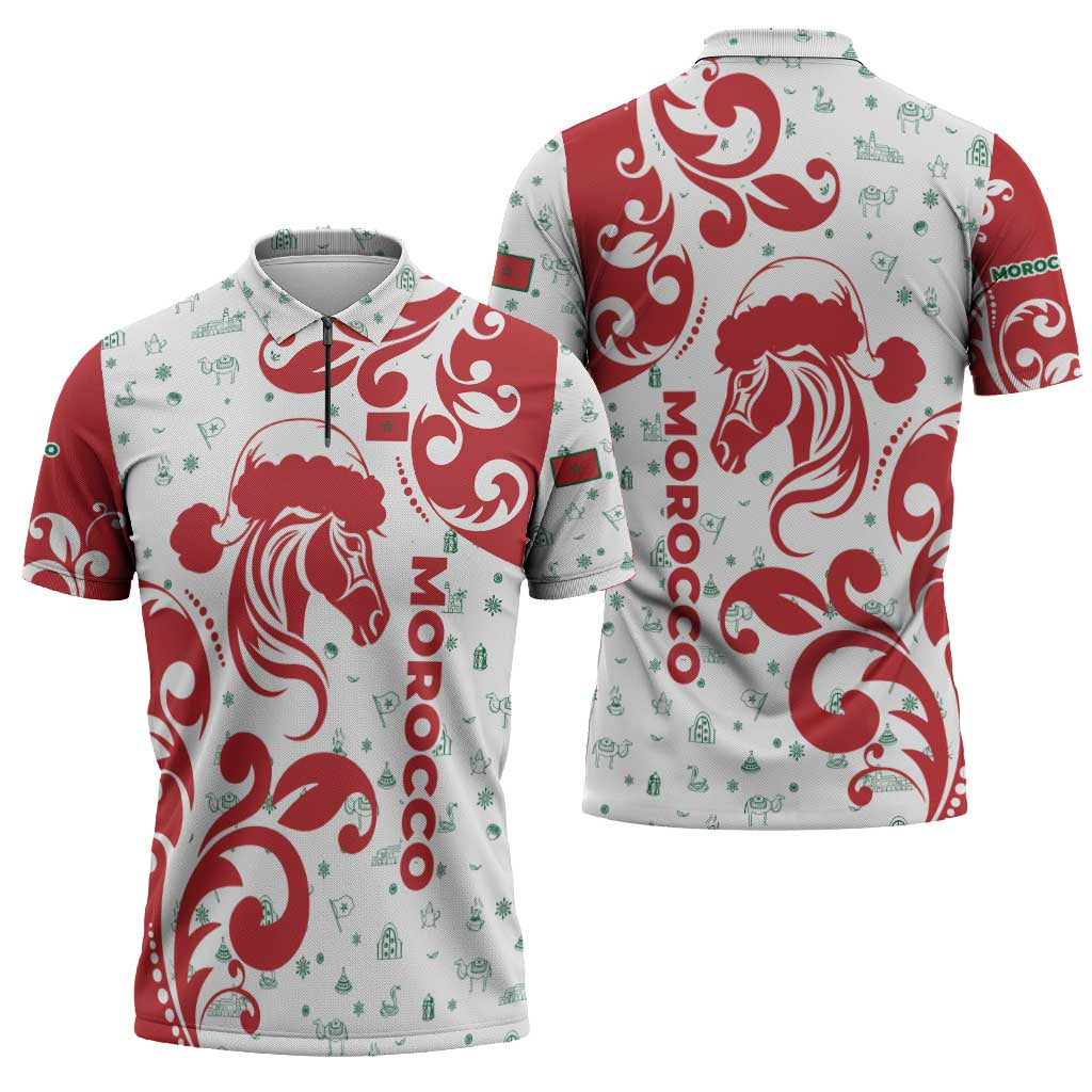 Morocco Christmas Zipper Polo Shirt with Red Horse Santa Hat Arabesque Pattern and Holiday Icons Design - Wonder Print Shop